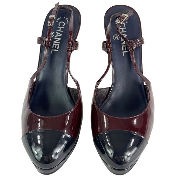CHANEL Burgundy Navy Blue Patent Leather Cap Toe Pumps Made in Italy 41 - 10 US - Picture 1 of 13